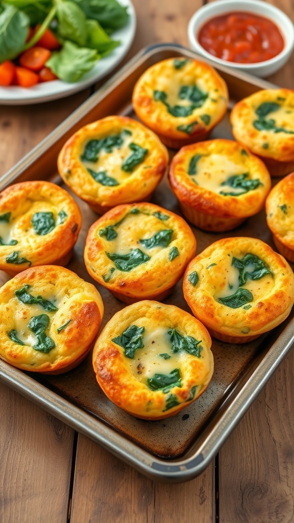Savory spinach and cheese egg muffins on a tray with vegetables, ready for breakfast.